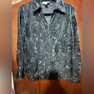 Dark teal Paisley velvet burn out Button-Up long sleeve shirt size medium